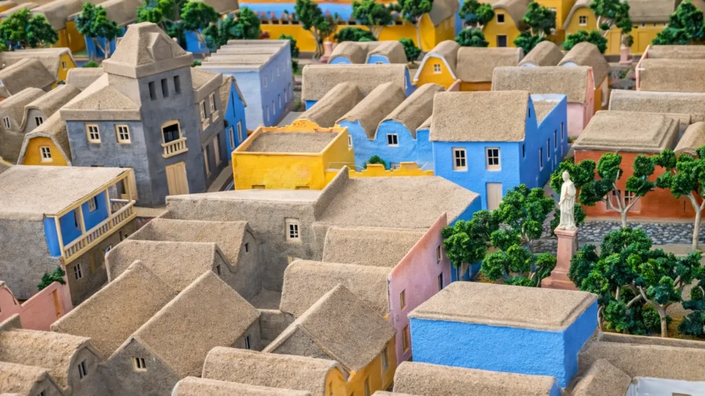 Maqueta Tacna en 1911 con arquitectura tradicional, casas coloridas y techos texturizados en alta resolución 8K