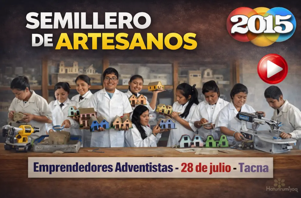 Jóvenes aprendiendo artesanía en madera en el semillero de artesanos Tacna 2015 con miniaturas de casas hechas a mano