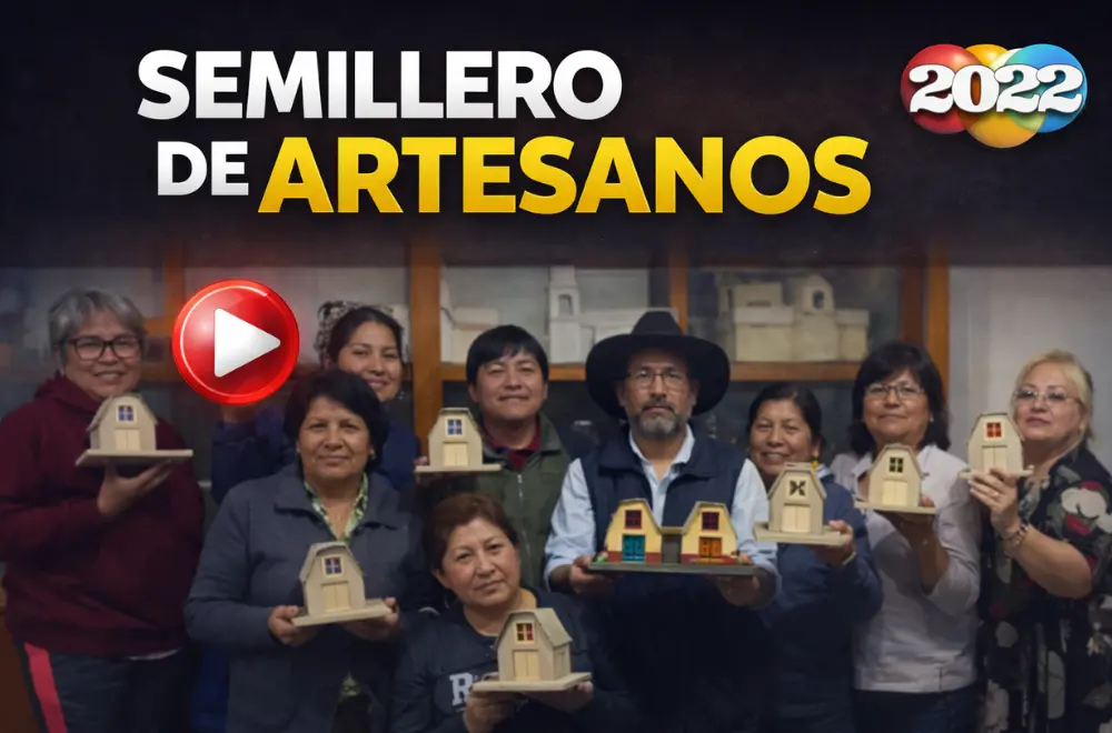 Grupo de artesanos de Tacna mostrando casas de madera en taller semillero de artesanos 2022 con miniaturas hechas a mano