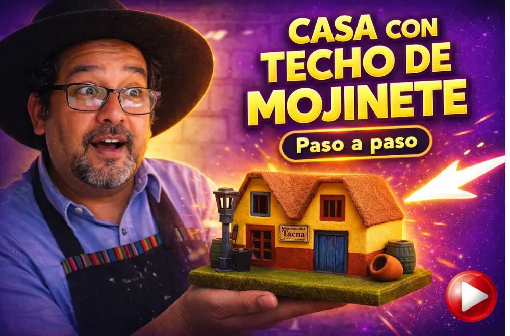Sergio Loaiza artesano mostrando maqueta de casa con techo de mojinete tradicional de Tacna paso a paso