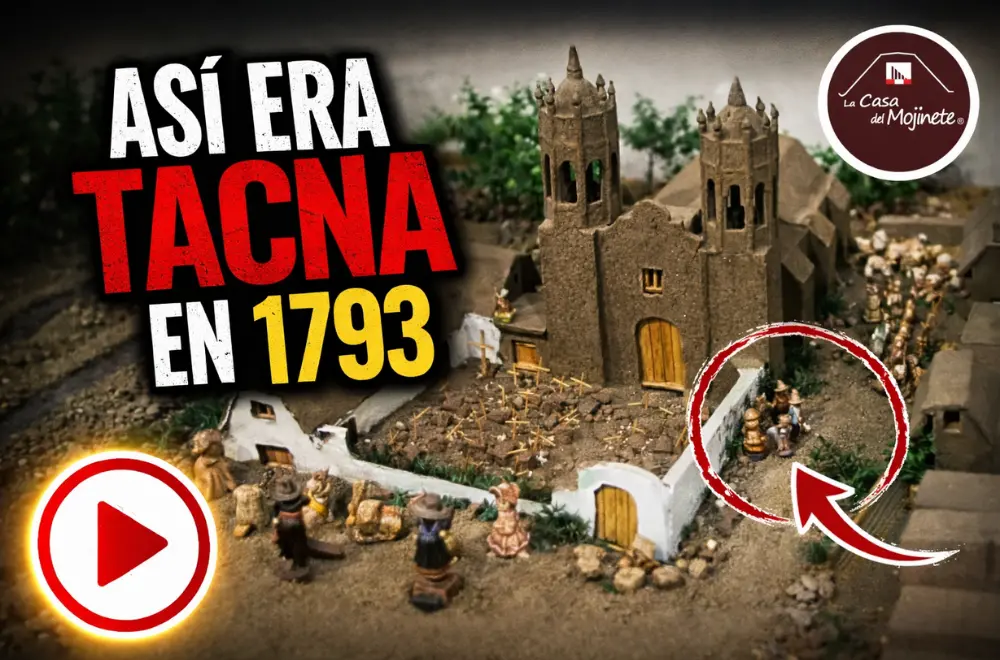 Maqueta artesanal de Tacna en 1793 con iglesia colonial y escenas de la vida cotidiana elaborada por La Casa del Mojinete