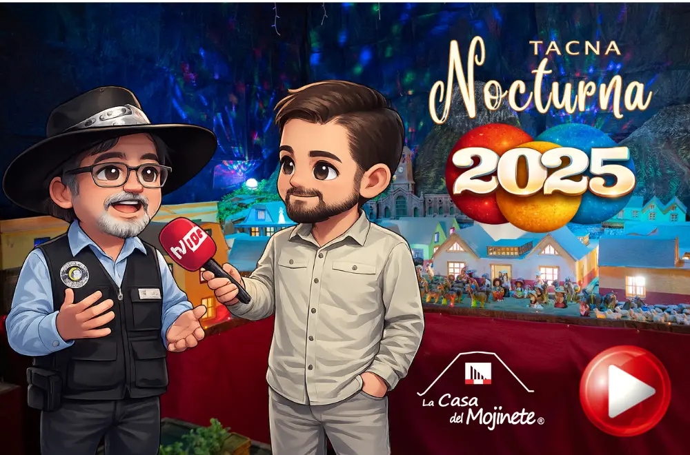 Exposición navideña Tacna Nocturna 2025 con casas de mojinete y entrevista de Televisión Nacional del Perú