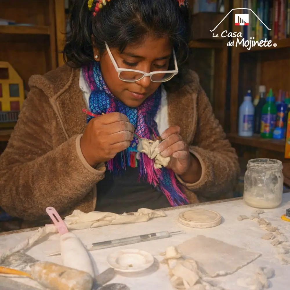 María Marca artesana de Casa del Mojinete en Tacna trabajando detalles de pieza artesanal en el taller