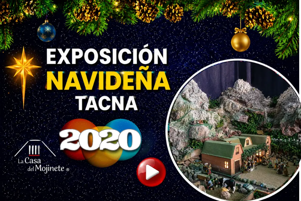 Exposición navideña Tacna 2020 con maqueta artesanal iluminada de nacimiento y arquitectura tradicional