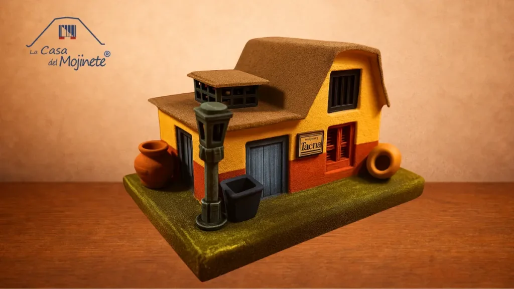 Maqueta artesanal de casa tradicional de Tacna con tragaluz estilo mojinete en miniatura hecha a mano en Perú
