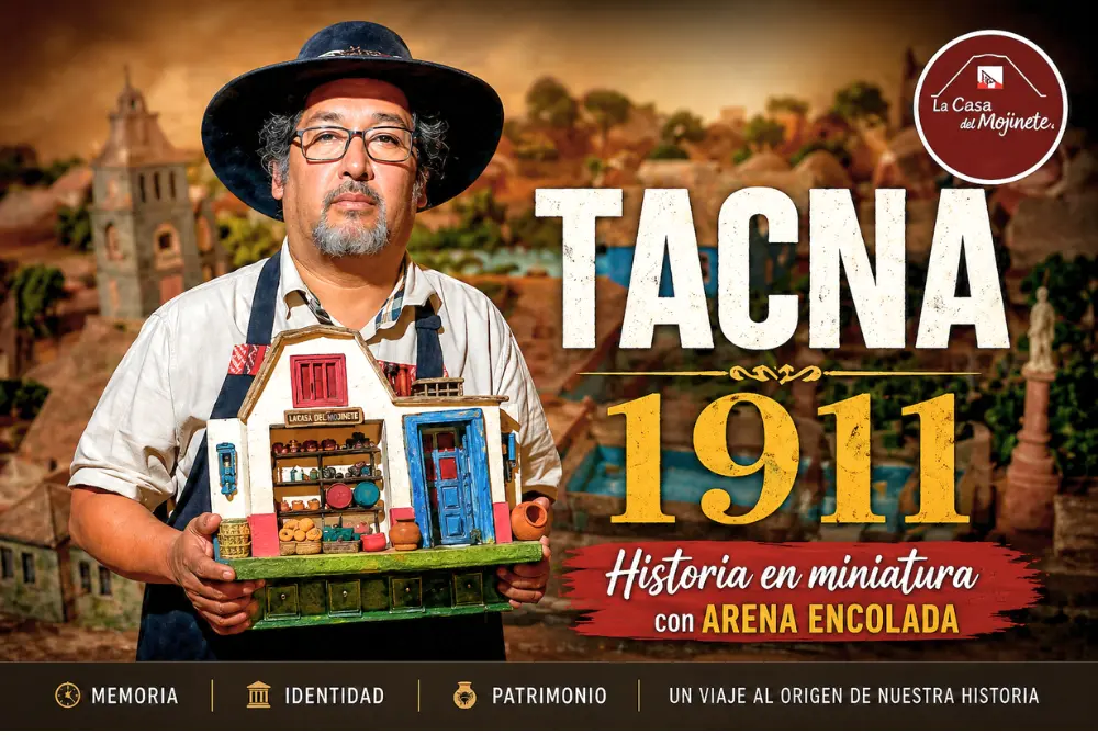 Sergio Loaiza presenta maqueta de casa tradicional de Tacna en 1911 elaborada con técnica de arena encolada, frente a diorama urbano.
