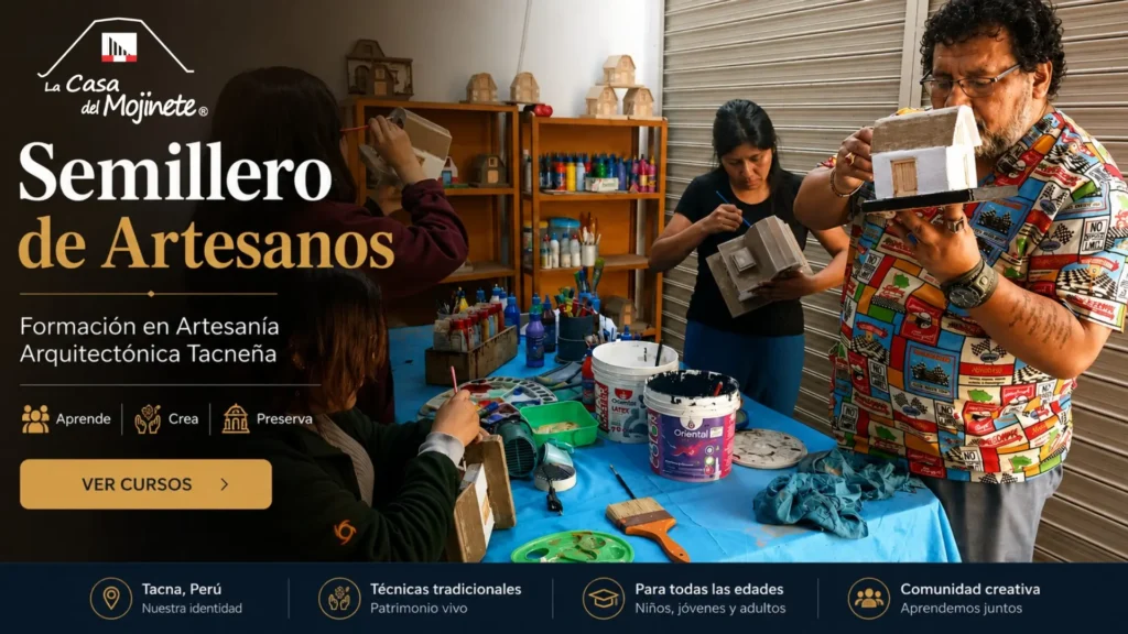 Participantes pintando maquetas de arquitectura tradicional tacneña en el taller Semillero de Artesanos de La Casa del Mojinete en Tacna.